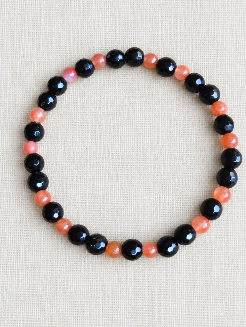Black Onyx & Orange Agate Beaded Stretch Bracelet | Handmade